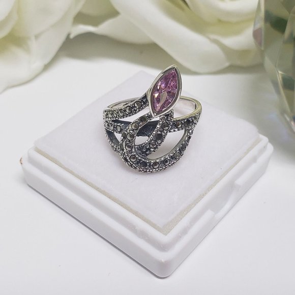 Marcasite Rose Quartz Ring in 925 Silver - Picture 2 of 6